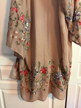 Embroidered Floral Beige Kimono Cover-Up